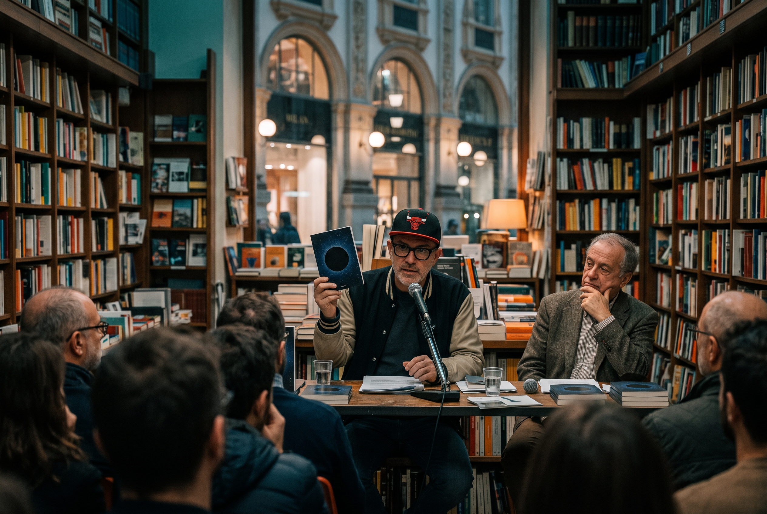 Un uomo con occhiali, cappellino e bomber presenta il suo saggio in una libreria di Milano, mostrando al pubblico la copertina con un vuoto nero su un cielo stellato