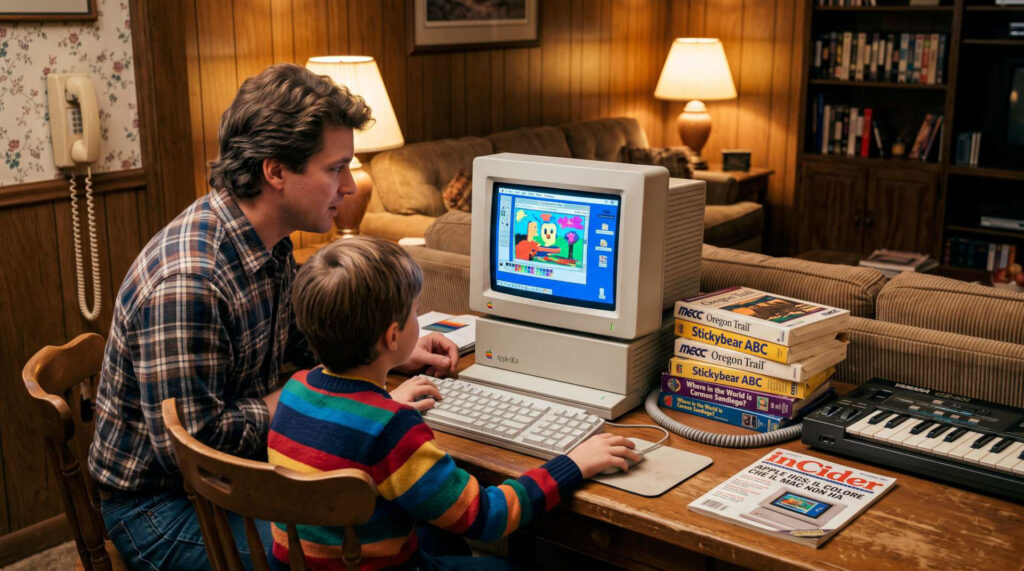 Un padre e un bambino davanti a un Apple IIGS in un salotto degli anni Ottanta, immagine generata con tool AI per l'articolo Le occasioni mancate